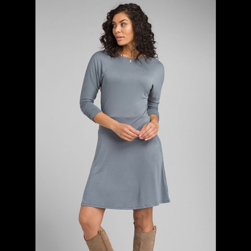 Prana Simone Pullover Dress Crisscross Back Slit Pockets Athleisure Blue Gray Lg